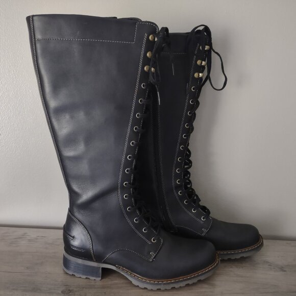 Sebago Saranac knee high riding boots moto lace up zippers black leather size 8 - Picture 2 of 7